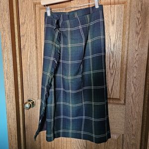 Vintage 1990s green and navy plaid wool kilt 90s tartan fringe wool wrap skirt
